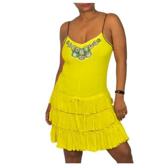 Free People Silk Rhinestone Tiered Ruffle Crinkle Mini Dress US Women's XS - Picture 1 of 8